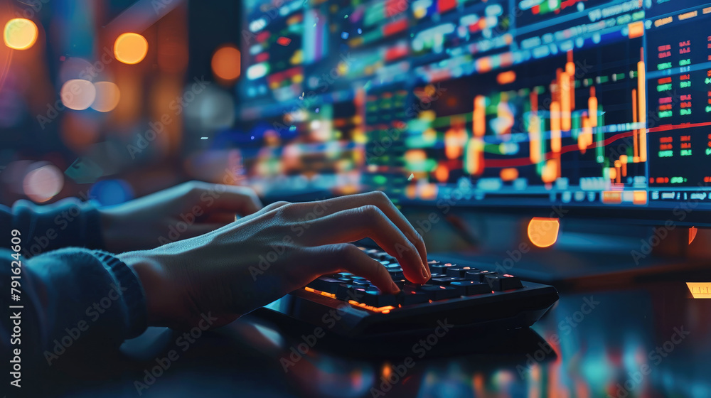 Leinwandbilder A closeup of hands typing on a keyboard with stock market charts and graphs in the background, working in an office. A businessman woman using a computer for financial online trading. Generative AI.