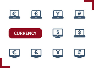 Currency Icons. Dollar, Euro, Pound, Yen, Yuan, Ruble, Laptop, Computer, Internet Banking, Online Shopping Icon