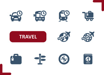 Travel Icons. Transportation, Tourism, Public Transport, Schedule, Car Bus, Train, Plane, Passport, Luggage Icon