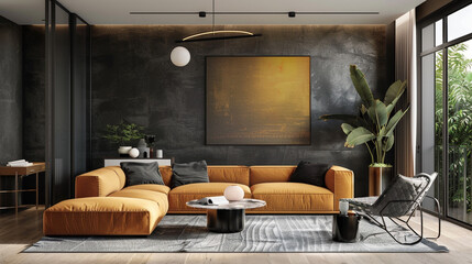 A modern living room ambiance transformed by the addition of a striking poster frame. - obrazy, fototapety, plakaty