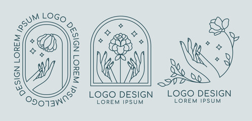Logo template with hands flowers and frame in boho style