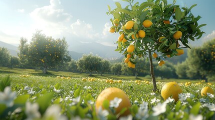 In a meadow with a lemon tree, clear weather. Generative AI.
