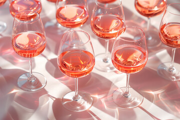 Glasses of wine on pink surface, pattern