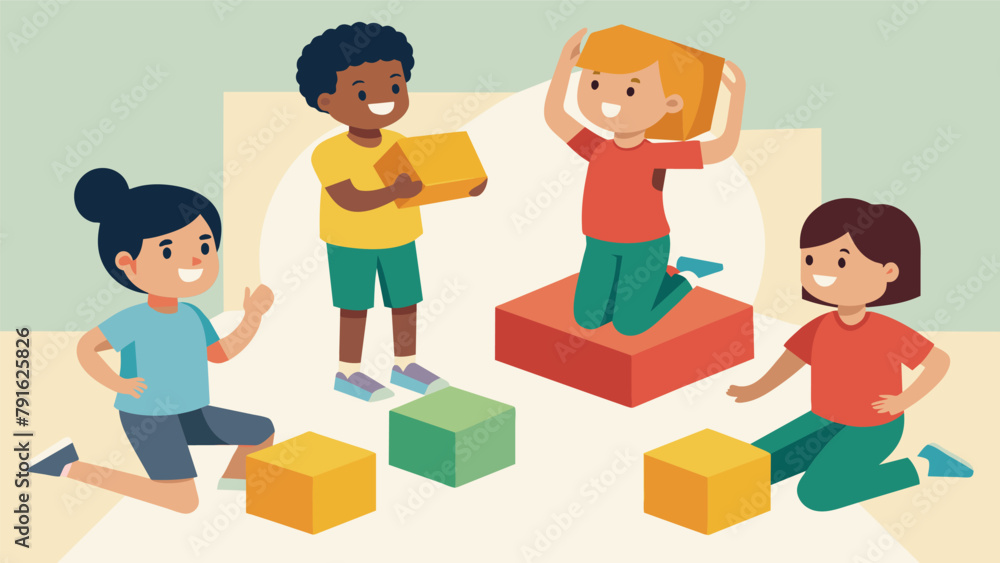 Poster using sensory equipment such as foam blocks and textured surfaces a group of children with sensorypr
