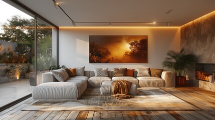 A modern and luxurious living room with a large and beautiful canvas on wall, beautiful sofa well decorated with cushions and decorative blanket, wooden floor, earth tones. Generative AI.