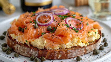 Smoked salmon and scrambled eggs on a bagel. - obrazy, fototapety, plakaty