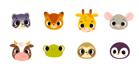 Obraz premium Cartoon set of cute animals heads. Vector collection of baby animals faces.