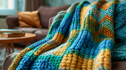 A colorful knitted blanket on a couch