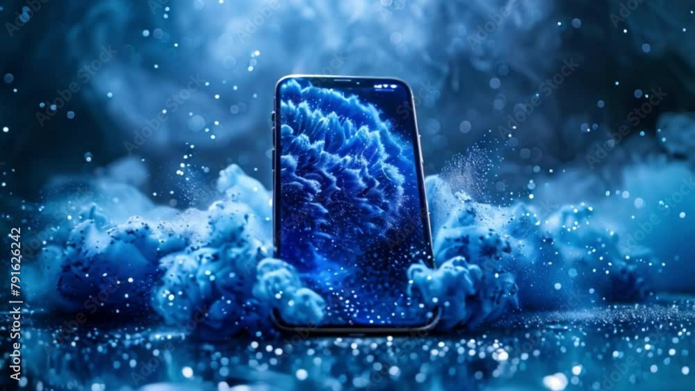 Aufkleber smartphone illuminated with dynamic wallpaper in dark, misty setting