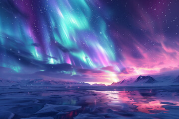 Ethereal pastel shades of the Aurora Borealis ripple over the frozen moonlit Arctic tundra