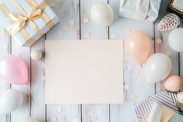 Blank birthday invitation card with balloons and gift boxes