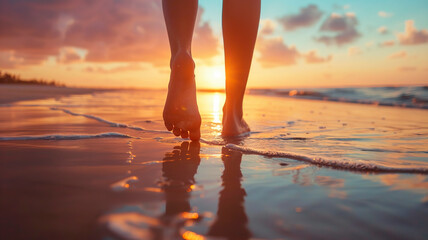 Woman walking on a beautiful sandy beach during sunset