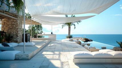 Sea view. A luxury modern white beach hotel with swimming pool. Sunbed on sundeck for vacation home or hotel - 791626279