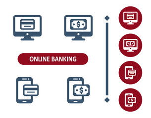Online banking icons. Internet banking, online shopping, e-commerce, computer, smartphone, credit card, dollar bill icon