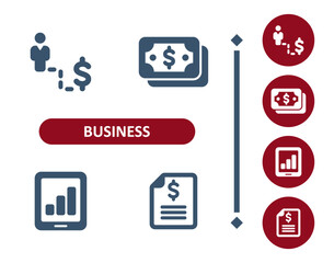 Business icons. Investment, investing, businessman, dollar, job, career, money, tablet, contract, tax form icon
