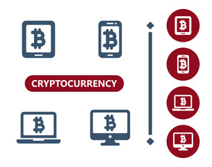Cryptocurrency icons. Crypto currency, bitcoin, online, tablet, smartphone, mobile phone, laptop, computer icon