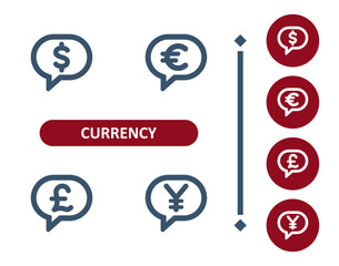 Currency icons. Dollar, euro, pound, pound sterling, yen, yuan, chat bubble, speech bubbles, comment icon - obrazy, fototapety, plakaty