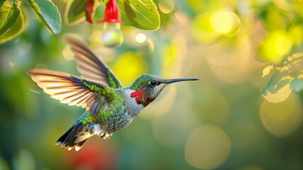 Obraz premium A hummingbird hovering near flowers.