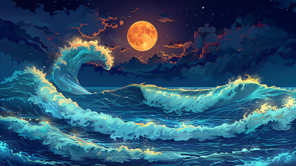 Seascape night fantasy of beautiful waves
