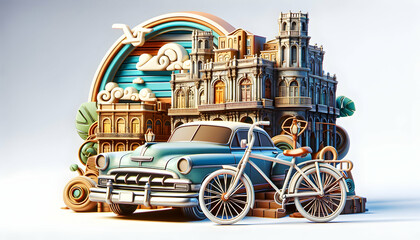Retro Culture: 3D Icon of Havana Wheels - Nostalgic Image of a Retro Bike Leaning Against a Classic Car in Havana, Cuba - obrazy, fototapety, plakaty
