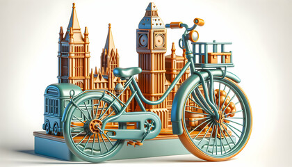 London Cycle: A Trendy Bike Parked Near Big Ben - 3D Icon Merging British Tradition with Modern Lifestyle in Retro Culture Photography - obrazy, fototapety, plakaty