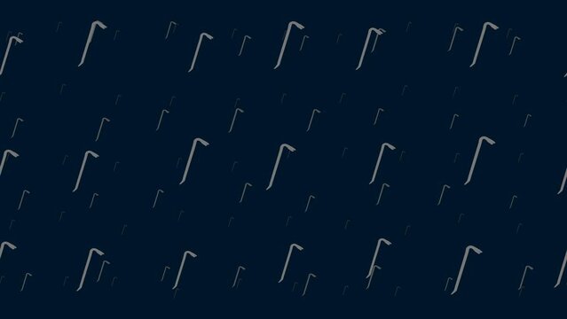 Crowbar symbols float horizontally from left to right. Parallax fly effect. Floating symbols are located randomly. Seamless looped 4k animation on dark blue background
