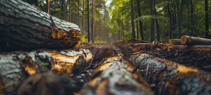 Amidst a forest of towering trees, loggers carefully harvest timber to supply the materials for a new housing development
