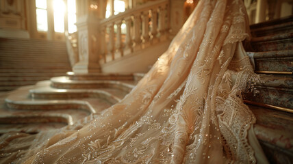 A detailed wedding dress on a staircase
