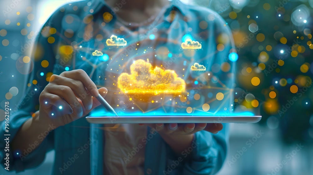 Poster innovative technology in the hands of a professional. futuristic cloud computing and digital data co