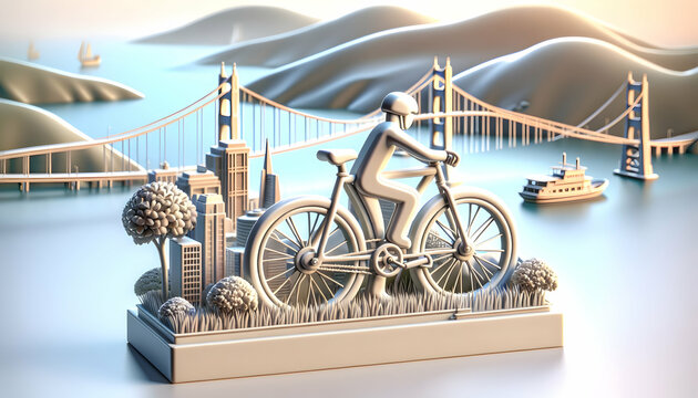 3D San Francisco Cycle Chic: Trendy Bike in Vintage Landscape, City Active Lifestyle. Retro Culture Stock Photo Concept
