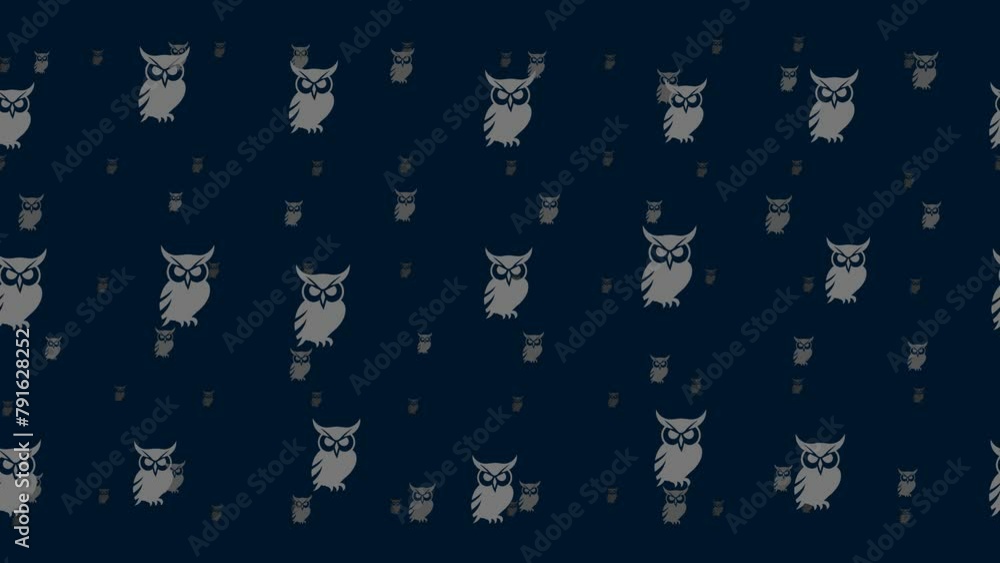 Poster owl symbols float horizontally from left to right. parallax fly effect. floating symbols are located
