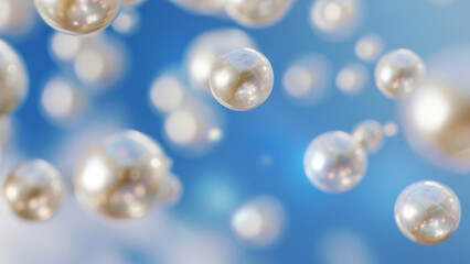 Serene Pearl Bubbles Floating Gently Against a Crisp Blue Sky