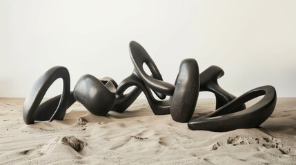 Interconnected Black Abstract Sculptures on a Tranquil Sandy Beach