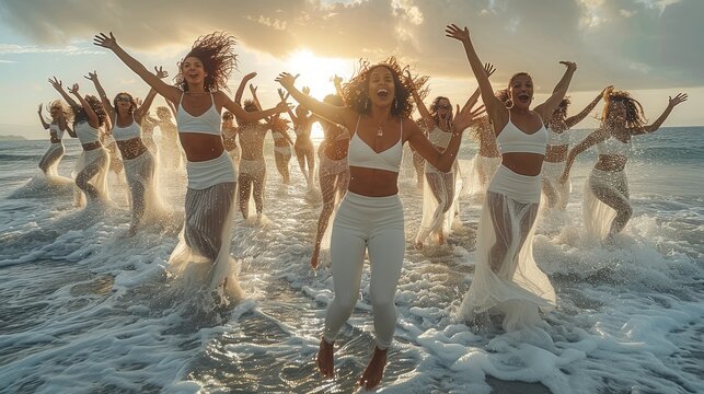 A large group of women in white outfits jumping on the beach. Generative AI.