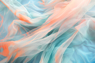 Graceful Coral and Aqua Blue Translucent Fabric Waves with Ethereal Flow