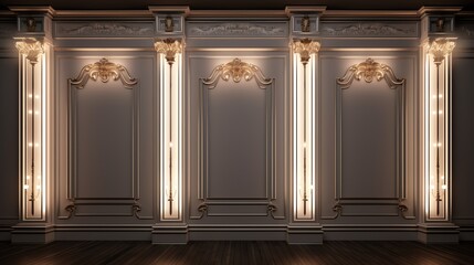 An image of a classic interior with columns, pilasters, and wall panels with moldings. The walls are dark gray and the moldings are gold. There is a dark wood floor. - obrazy, fototapety, plakaty