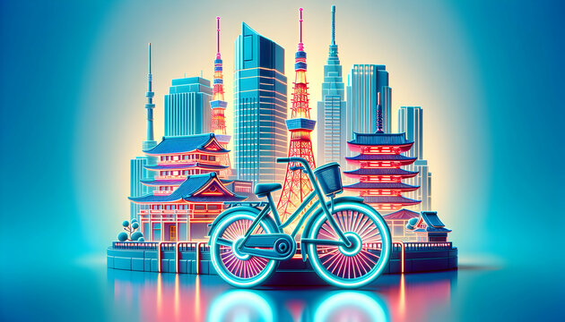 Sure, here's a suitable Adobe Stock title for your 3D icon image: "Neon Tokyo Ride: Modern Bike in Vibrant Japanese Culture 3D Icon | Retro Cultured Photo Stock"