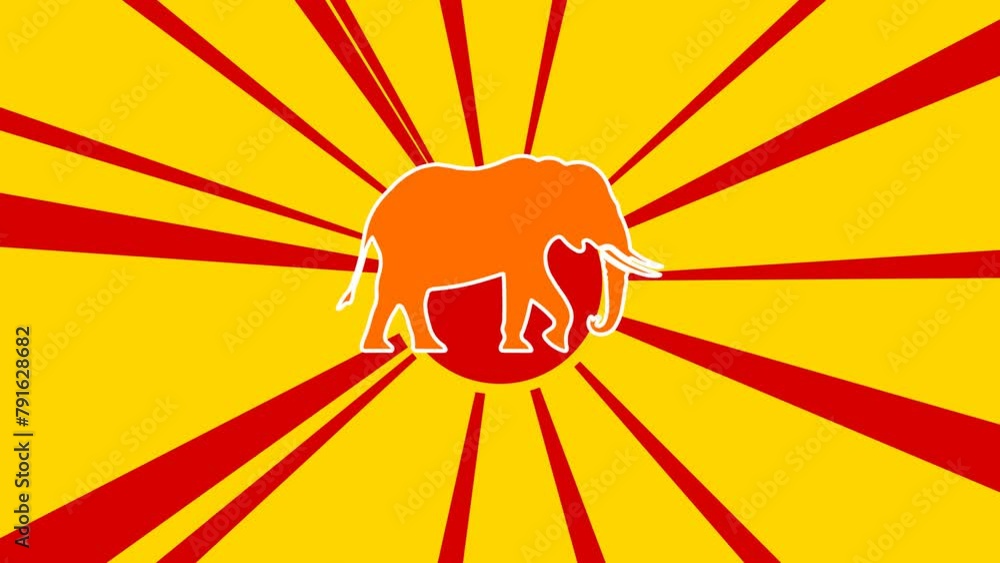 Poster elephant symbol on the background of animation from moving rays of the sun. large orange symbol incr