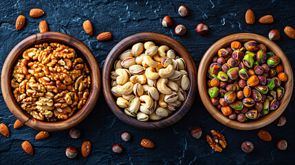 wooden bowls with different types of nuts
