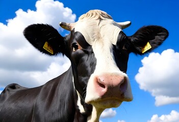 A close-up of a black and white dairy cow against a blue sky with clouds