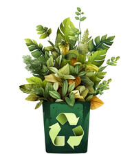 A vibrant green recycling bin filled with lush leaves and plants against a transparent background, symbolizing eco-friendly practices and nature's regeneration