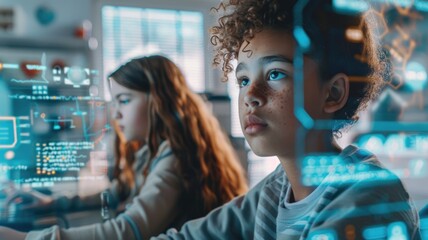 Fototapeta premium two parallel scenes where one group of students has access to advanced technologies in the classroom,