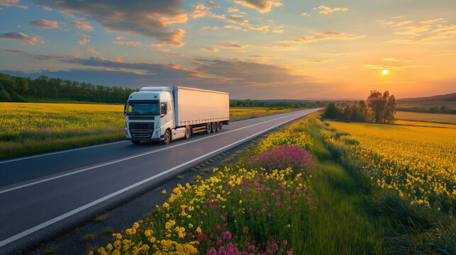 A large truck carries cargo along a highway through beautiful fields