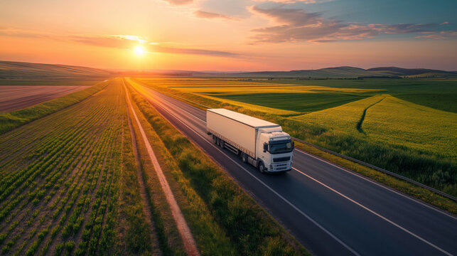 A large truck carries cargo along a highway through beautiful fields
