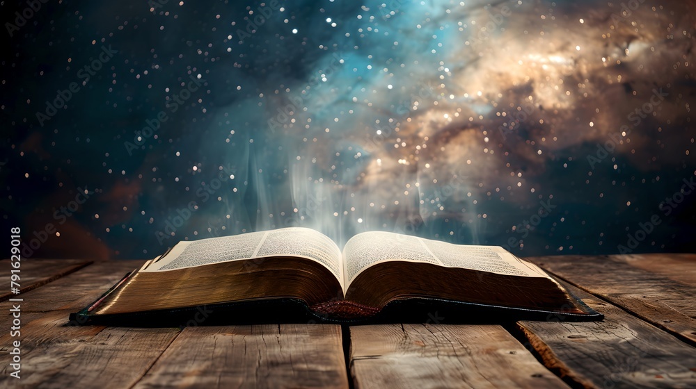 Poster mystical open book on a wooden table under starry sky, concept of magic and fantasy literature. illu