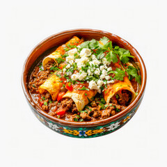 Savory beef enchiladas topped with fresh cheese and cilantro, served in a decorative clay pot, a classic Mexican dish. Concept: gourmet, comfort food