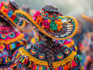 A woman in an embroidered sombrero , view from , a blur of festive dancers on background, Mexican Cinco de mayo holiday celebration tradition
