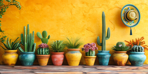 Cinco de mayo holiday yellow background with cactuses in pots . Copy space for text. Concept: celebration, home garden, joy