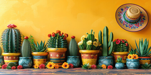 Cinco de mayo holiday yellow background with cactuses in pots and sombrero hat . Copy space for text. Concept: celebration, home garden, joy