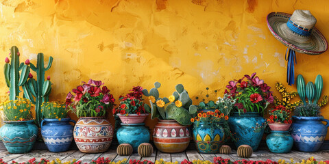 Cinco de mayo holiday yellow background with cactuses in blue pots and sombrero hat . Copy space for text. Concept: celebration, home garden, joy